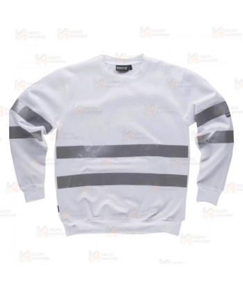Sudadera de felpa color blanco cuello redondo con cintas reflectantes
