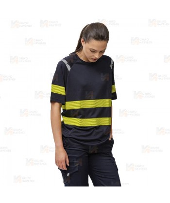 Camiseta transpirable con cintas reflectantes segmentadas amarillas
