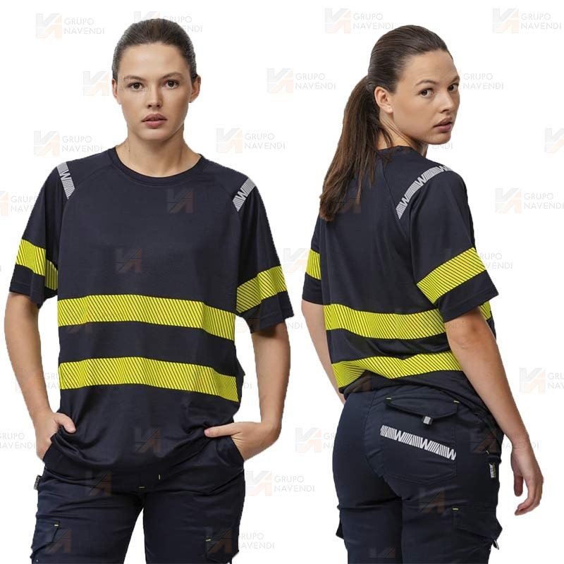 Camiseta transpirable con cintas reflectantes segmentadas amarillas