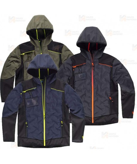 Chaqueta Softshell acolchado bicolor, con capucha
