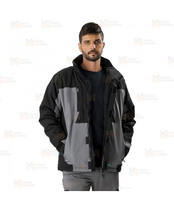 Parka bicolor acolchada y con capucha color gris y negro