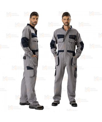 Buzo laboral multibolsillos con tejido elástico color gris y negro