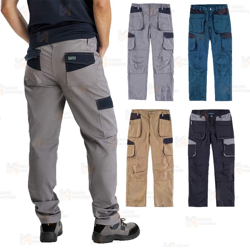 Pantalón laboral multibolsillos con tejido elástico  color beige/negro