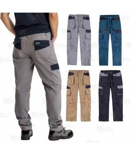 Pantalón laboral multibolsillos con tejido elástico  color beige/negro