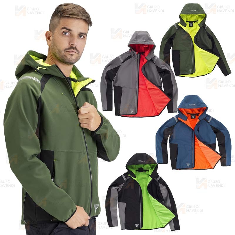 Cazadora softshell anti desgarro y capucha para actividades outdoor