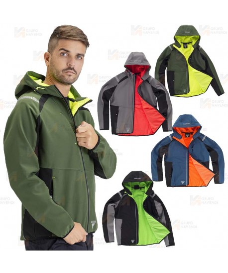 Cazadora softshell anti desgarro y capucha para actividades outdoor