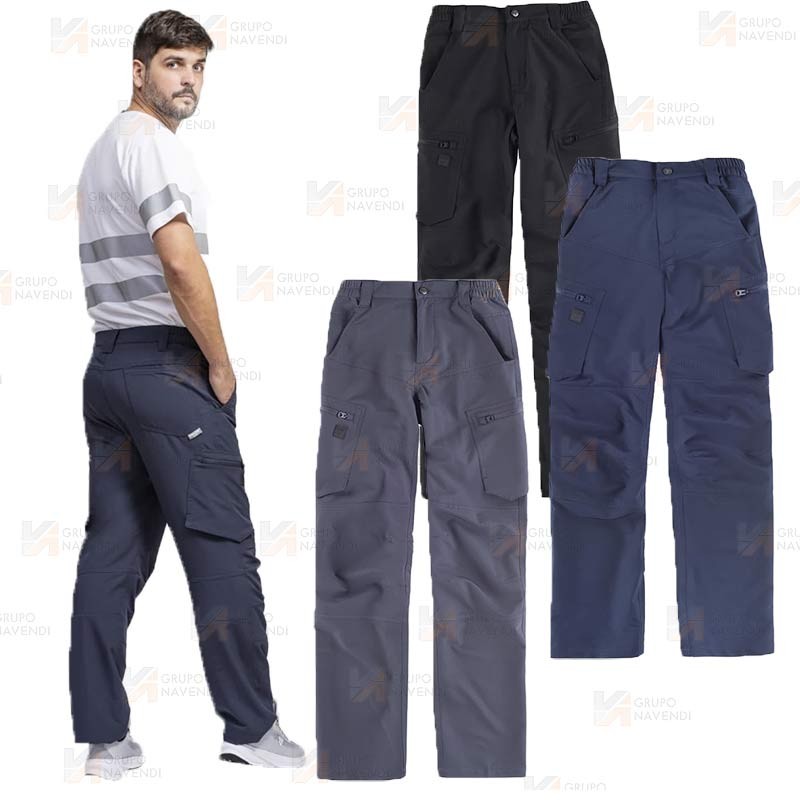 Pantalón laboral multibolsillos con tejido elástico color azul marino