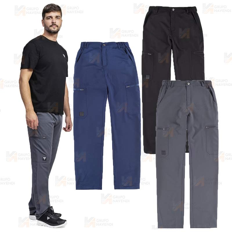 Pantalón laboral multibolsillos con tejido elástico muy fino y ligero color azul marino