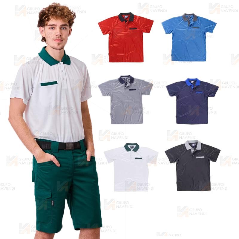 Polo de trabajo bicolor transpirable de manga corta con bolsillo color blanco y verde