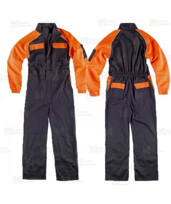Buzo o mono de trabajo deportivo con refuerzos color negro y naranja flúor