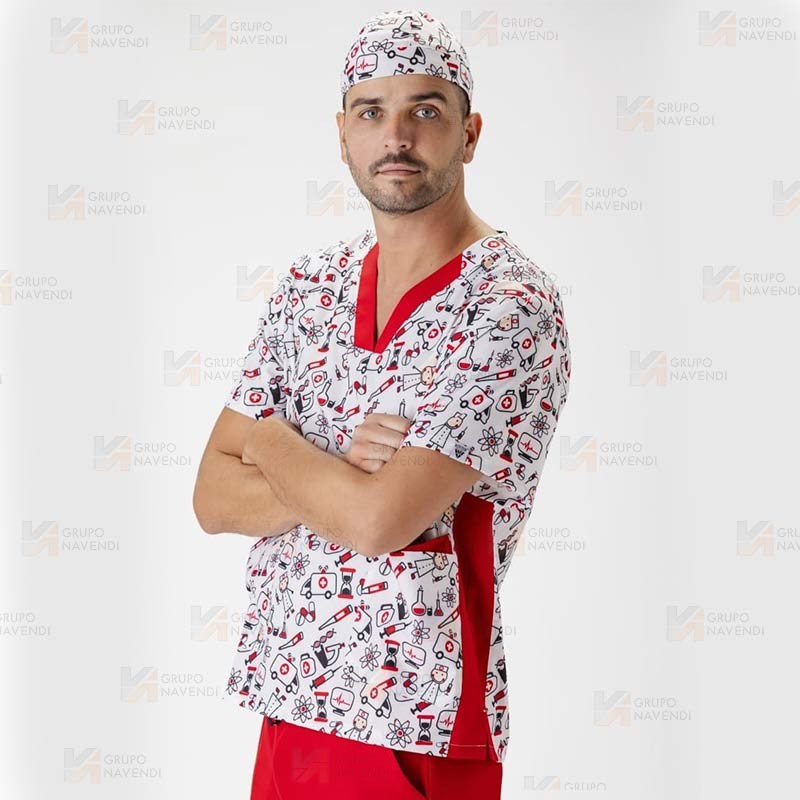 Casaca sanitaria estampada de manga corta y bolsillos  -Unisex-