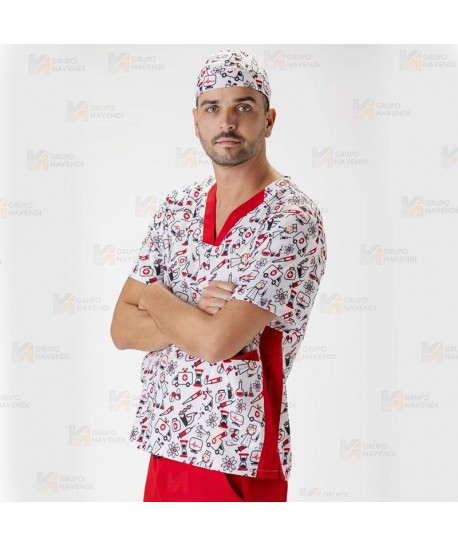Casaca sanitaria estampada de manga corta y bolsillos  -Unisex-