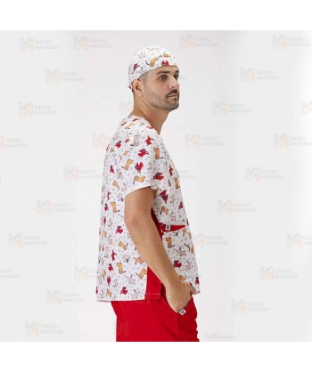 Casaca sanitaria estampada de manga corta y bolsillos