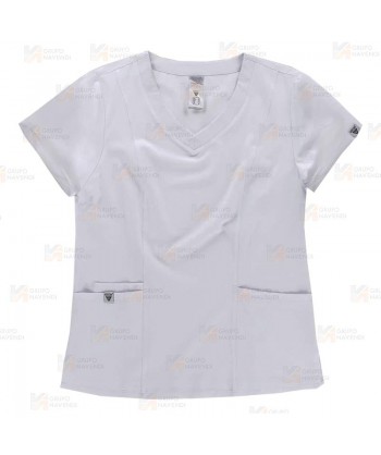 Casaca sanitaria entallada de cuello pico en tejido elástico color blanco