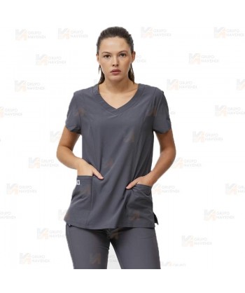 Casaca sanitaria entallada de cuello pico en tejido elástico color gris oscuro