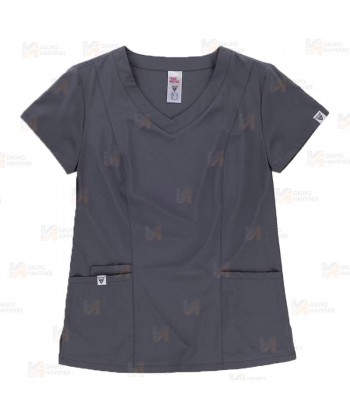 Casaca sanitaria entallada de cuello pico en tejido elástico color gris oscuro