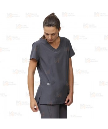 Casaca sanitaria entallada de cuello pico en tejido elástico color gris oscuro