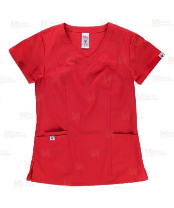 Casaca sanitaria entallada de cuello pico en tejido elástico color rojo