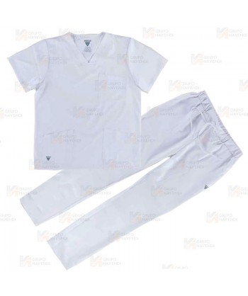 Conjunto sanitario unisex de casaca y pantalón con tejido elástico color blanco