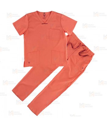 Conjunto sanitario unisex de casaca y pantalón con tejido elástico color coral