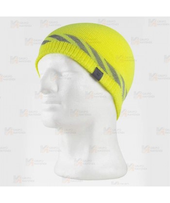 Gorro de punto con líneas discontinuas. Tejido ecológico color amarillo flúor