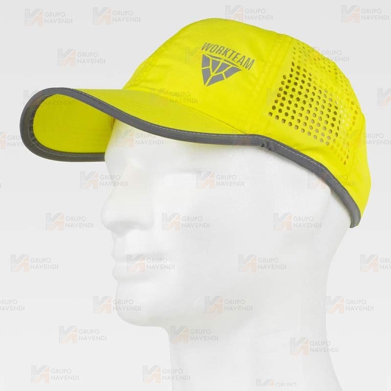 Gorra transpirable con rejilla y cinta reflectante-fluorescente color amarillo flúor