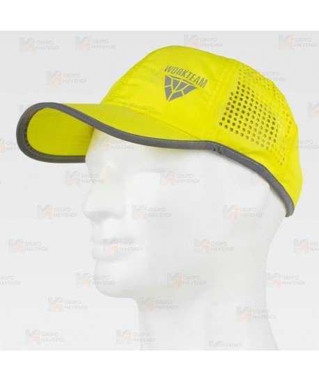 Gorra transpirable con rejilla y cinta reflectante-fluorescente color amarillo flúor