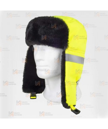 Gorro alta visibilidad con orejeras abatibles, forrado de pelo y acolchado