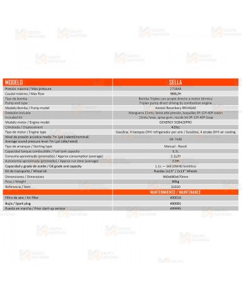 Hidrolimpiadora a gasolina de 420 cc a 275 Bar 900 lit/hora
