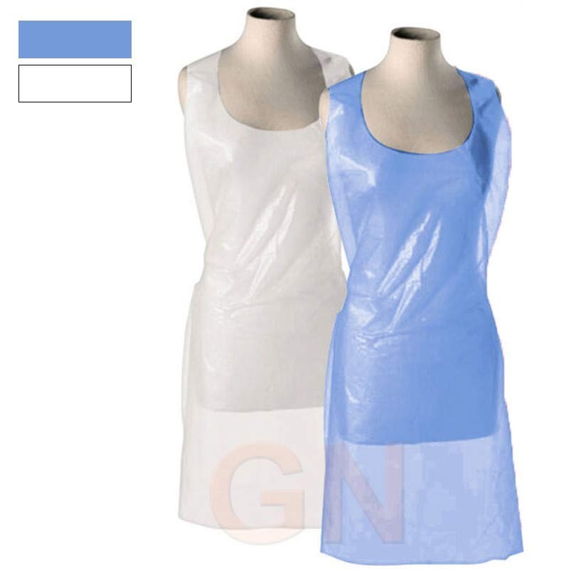 Delantal con peto desechable de polietileno 150 gr/m² color blanco y azul
