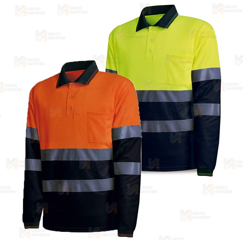 Polo transpirable de manga larga, bicolor alta visibilidad