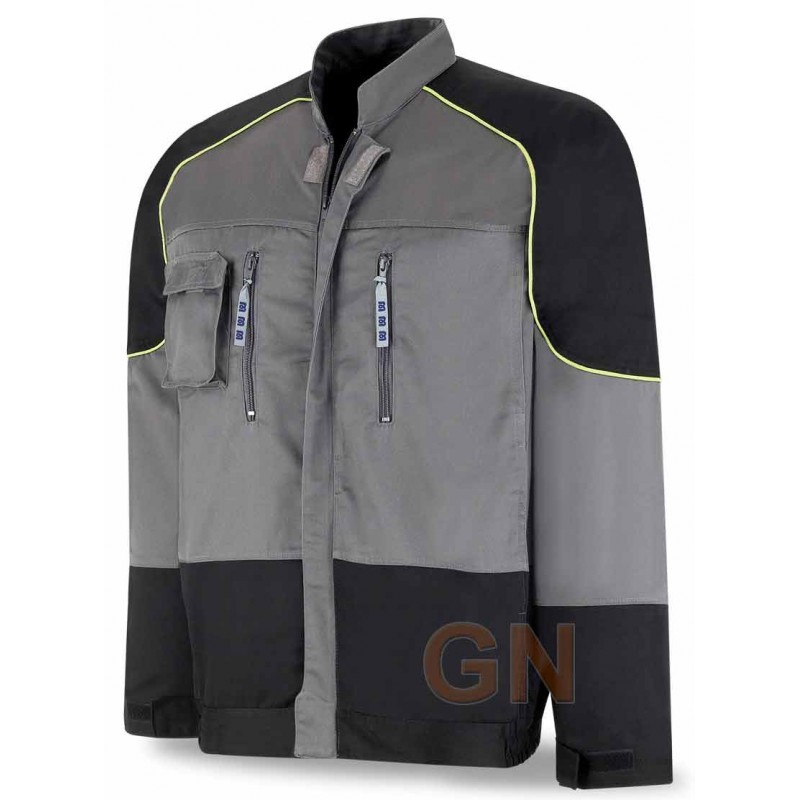 Cazadora bicolor con cuello mao con refuerzos color gris y negro