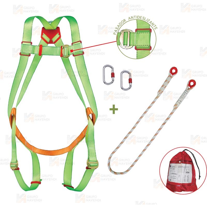 Arnés con punto de enganche dorsal, cuerda de amarre y dos mosquetones