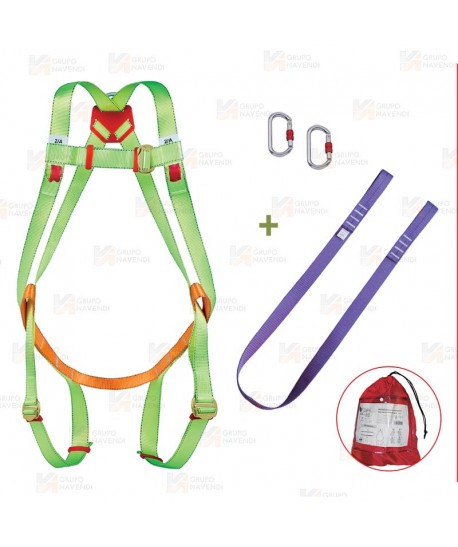 Arnés con punto de enganche dorsal y frontal, cinta de amarre y dos mosquetones