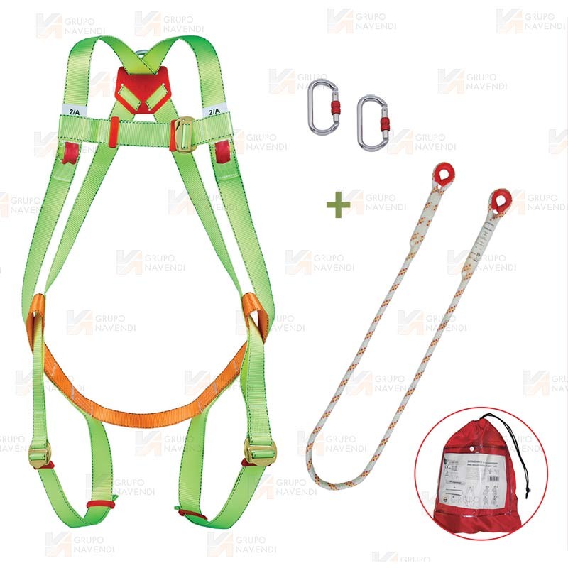 Arnés con punto de enganche dorsal y frontal, cuerda de amarre y dos mosquetones