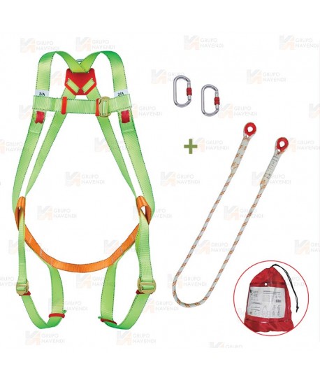 Arnés con punto de enganche dorsal y frontal, cuerda de amarre y dos mosquetones