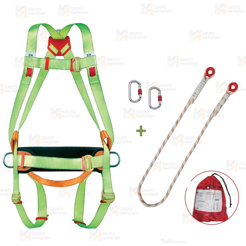 Arnés con enganche dorsal y frontal, cuerda de amarre, 2 mosquetones y cinturón de posicionamiento