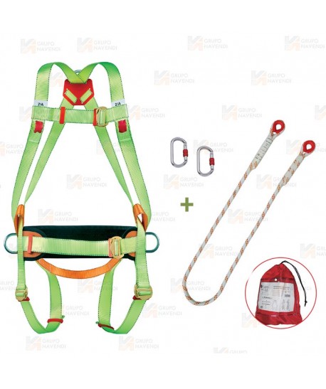 Arnés con enganche dorsal y frontal, cuerda de amarre, 2 mosquetones y cinturón de posicionamiento