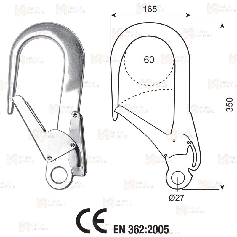 Mosquetón aluminio de gran apertura 60 mm, con cierre automático, en aluminio anodizado de alta resistencia (tipo torre).