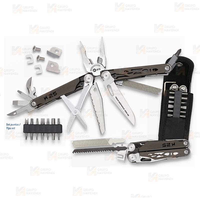 Alicate multiusos táctico K25 de 19 usos con cachas de titanio