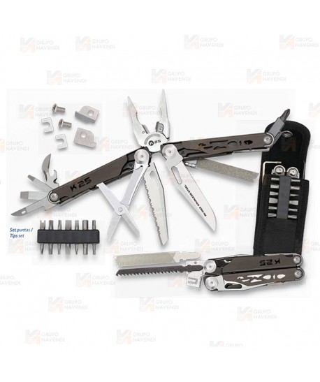 Alicate multiusos táctico K25 de 19 usos con cachas de titanio