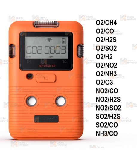 Detector Duo Tracer para dos gases (O2, CH4, CO2, H2S, SO2, CO, NH3, H2, NO2, O3)