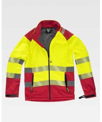 Softshell de trabajo en alta visibilidad color amarillo flúor y rojo con cintas segmentadas