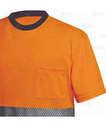 Camiseta bicolor y bicapa de alta visibilidad color naranja flúor y azul marino con cintas segmentadas