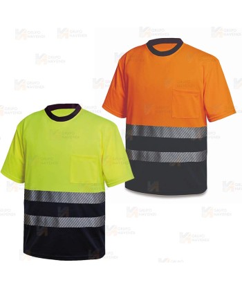 Camiseta bicolor y bicapa de alta visibilidad color amarillo flúor y azul marino con cintas segmentadas