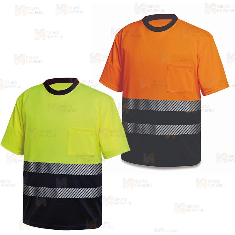 Camiseta bicolor y bicapa de alta visibilidad color amarillo flúor y azul marino con cintas segmentadas