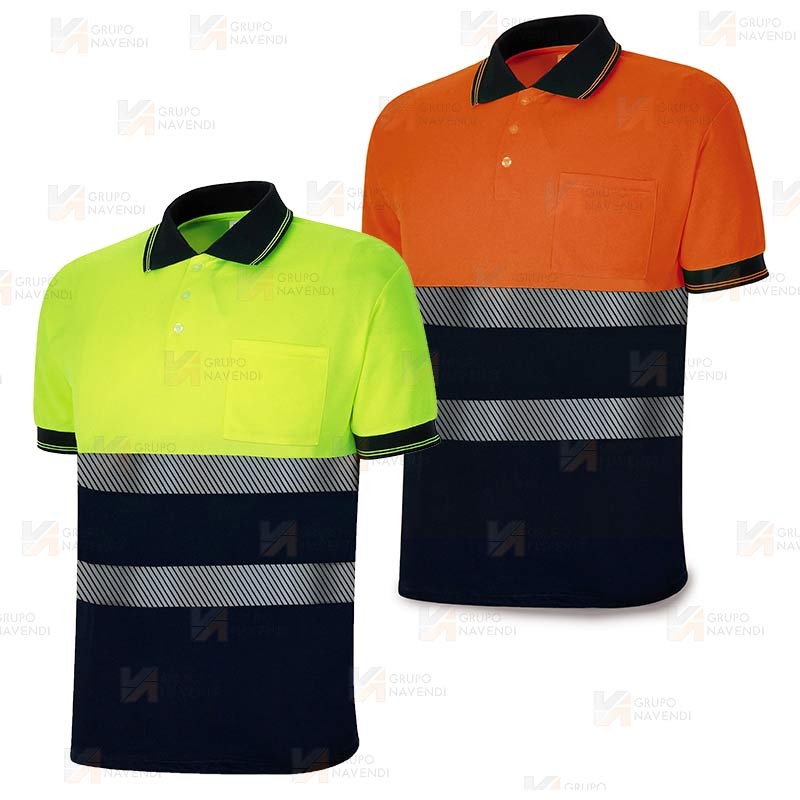 Polo bicolor de manga corta de alta visibilidad con cintas segmentadas