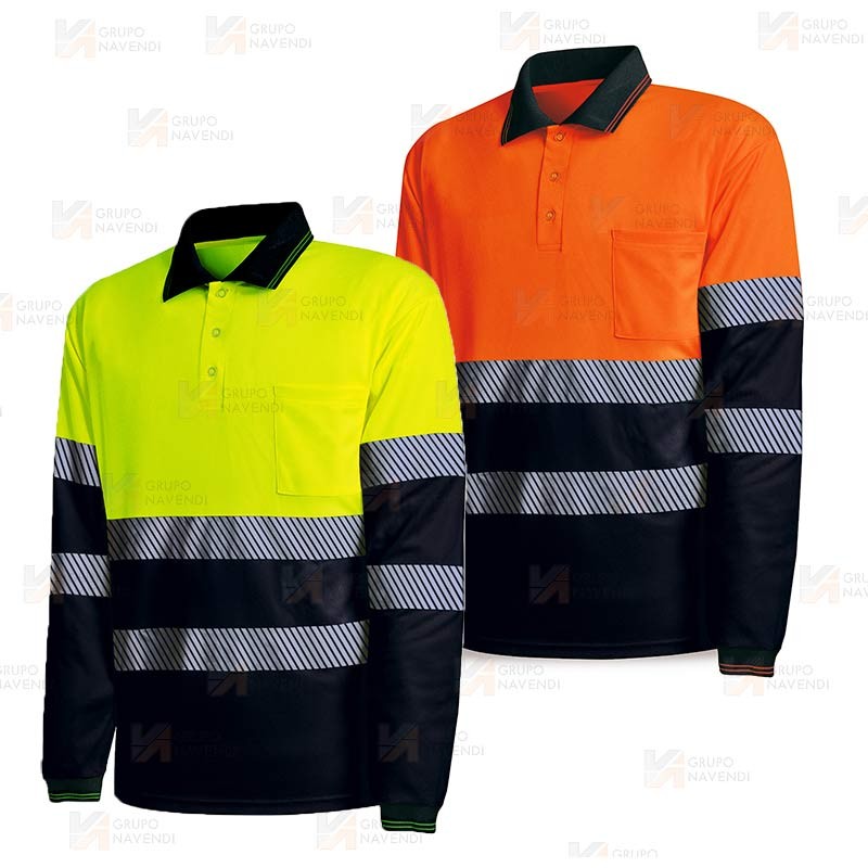 Polo bicapa de manga larga de alta visibilidad con cintas segmentadas color amarillo flúor y azul marino