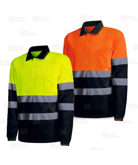 Polo bicapa de manga larga de alta visibilidad con cintas segmentadas color amarillo flúor y azul marino