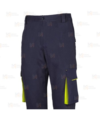 Pantalón elástico de alta visibilidad multibolsillos color azul marino y amarillo flúor